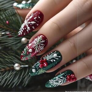 Festive Red and Green Snowflake Nail Art